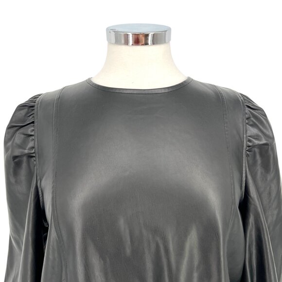Zara Womens Black Faux Leather Long Puff Sleeve Drawstring Top Size Large - Picture 2 of 10